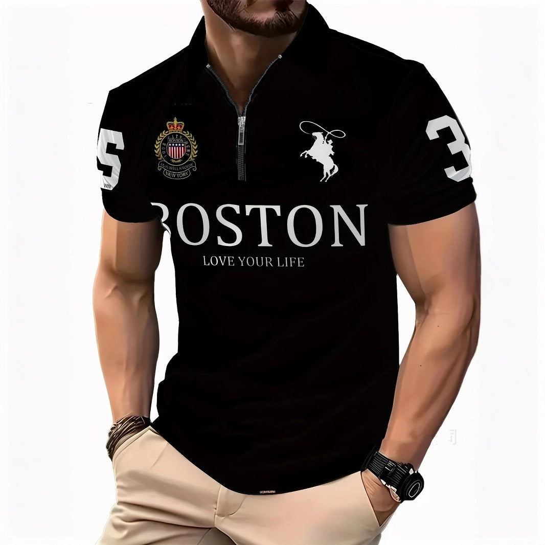 Men's 3D Digital Print Zip-Up Polo Shirt