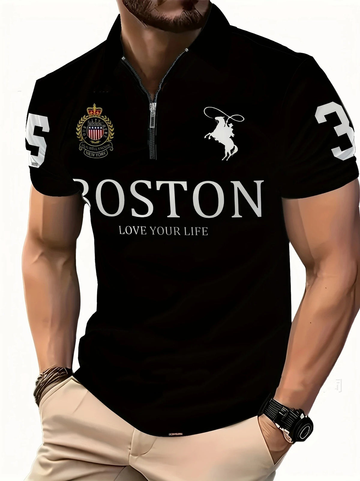Men's 3D Digital Print Zip-Up Polo Shirt